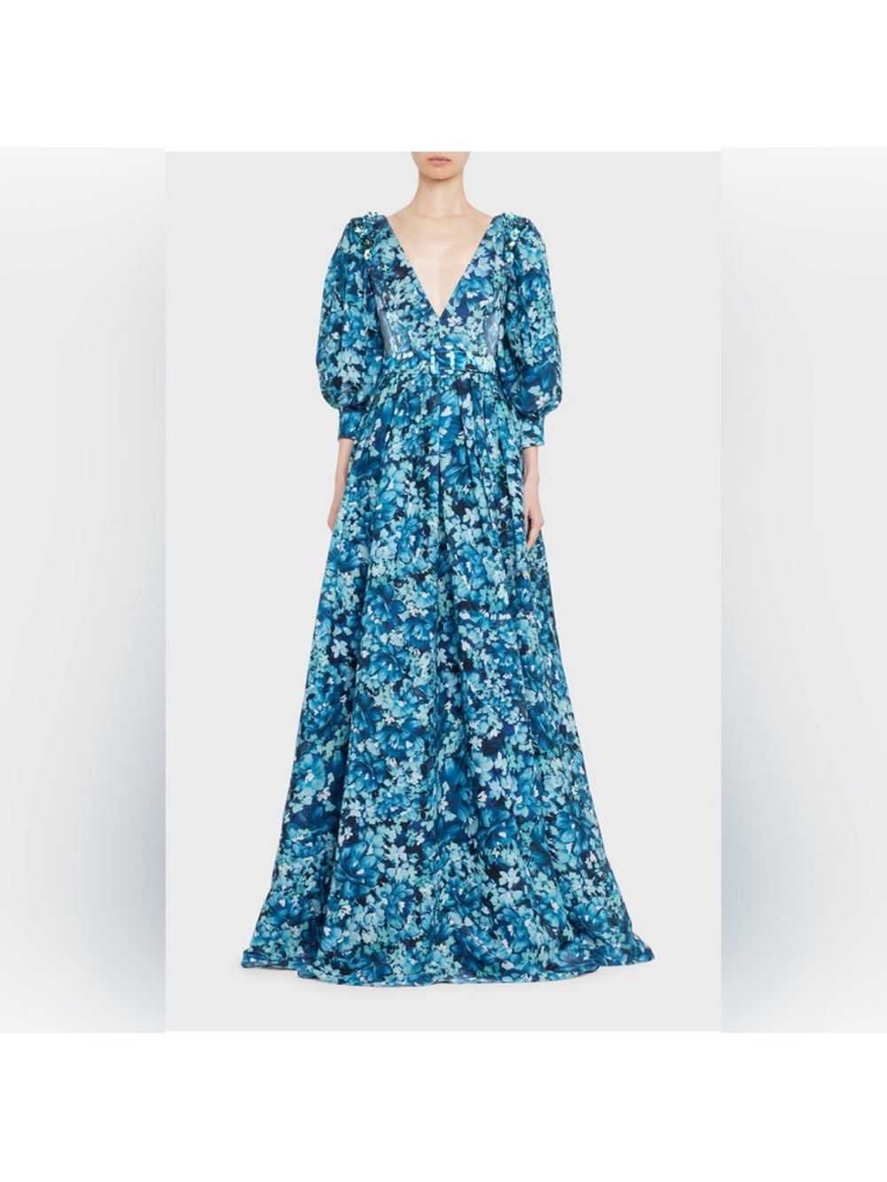 Badgely Mischka long sleeve blue floral gown - Pleated Puff Sleeve Gown